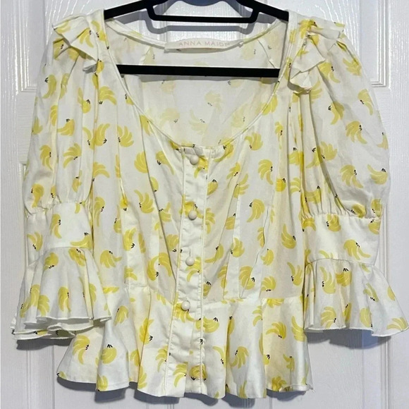 ANNA MASON Rosi Blouse White & Yellow Banana Ruffle Button Down Medium - Picture 6 of 8